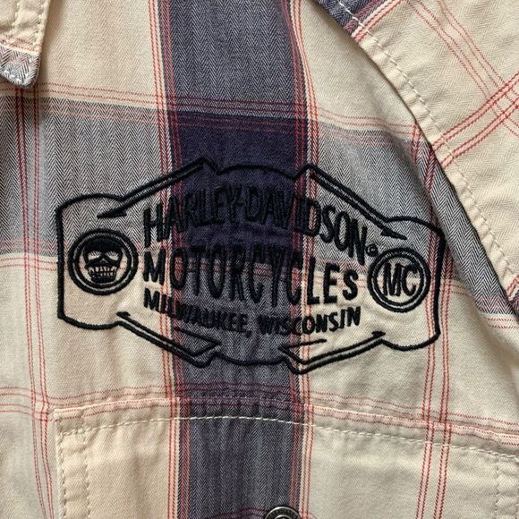 Harley Davidson Motorcycles Plaid Embroidered Metal Button Garage Work Shirt L - Picture 4 of 8